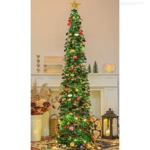 6 FT Pop Up Christmas Tree with 100 LED Timer Lights & Remote, Green Collapsible Christmas Tinsel Tree Artificial Pencil Tree Xmas Decoration for Holiday Home Office Party, USB PoweredFFSummitSupply7