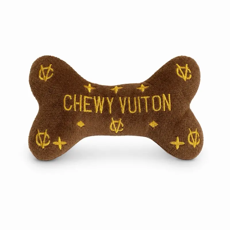 Chewy Vuitton Brown Bone-Shaped Dog Toy, Gold Embroidery, Star Patterns, Universal Size Dog Toy for Pets, Stimulates Play