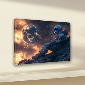 Framed Astronaut Gazing at Earth Canvas Wall Art - Wooden Frame Space Theme Decor, Vibrant Ink Print for Living Room, Bedroom, Office - Perfect Holiday Gift & Home Decoration, Astronaut Decor, Bedroom Artwork, Celestial Artwork, Galleryready Artwork,