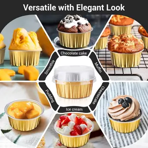 50PCS Disposable Ramekins, 5oz Gold Mini Aluminium Foil Baking Cups with Lids Creme Brulee Cupcake Liners, Desert Cheesecake Pans Flan Molds Tin Cups Containers for Party Favor Birthday