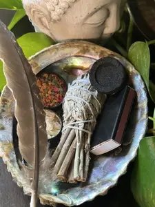 Oceanic Harmony Bundle: Abalone Shell Cleansing Bowl Bundle, Copal Resin, Three Kings Resin, Sage, Pk 10 Charco & Feather.