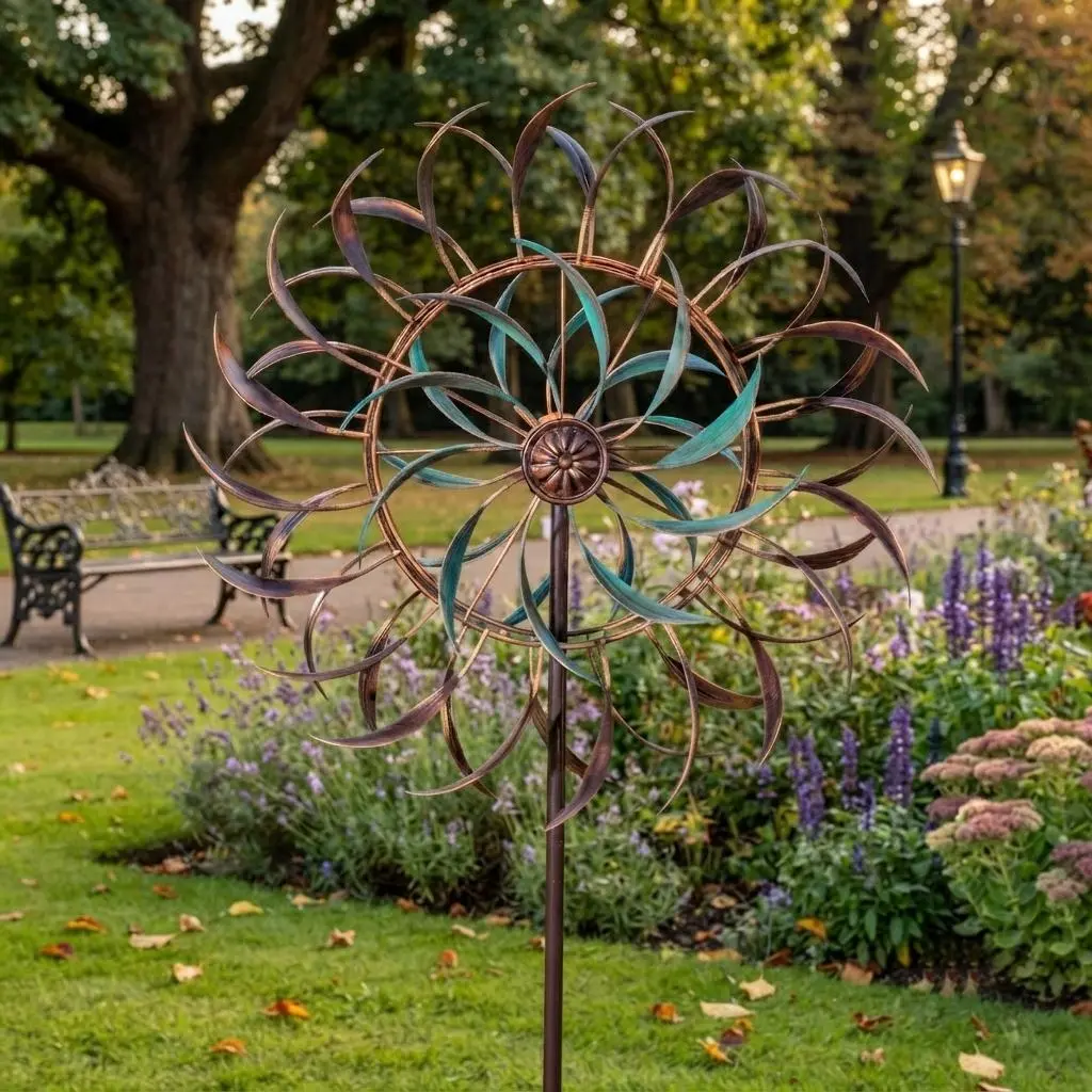Stunning Metal Wind Spinner for Yard and Garden – Kinetic Wind Sculpture with Dual-Directional Spinning Motion – Weather-Resistant Bronze and Teal Outdoor Art Decor,Yard Landscaping,Perfect Home Gift,Wind Sculpture with Stake,Yard Art Decor for Patio