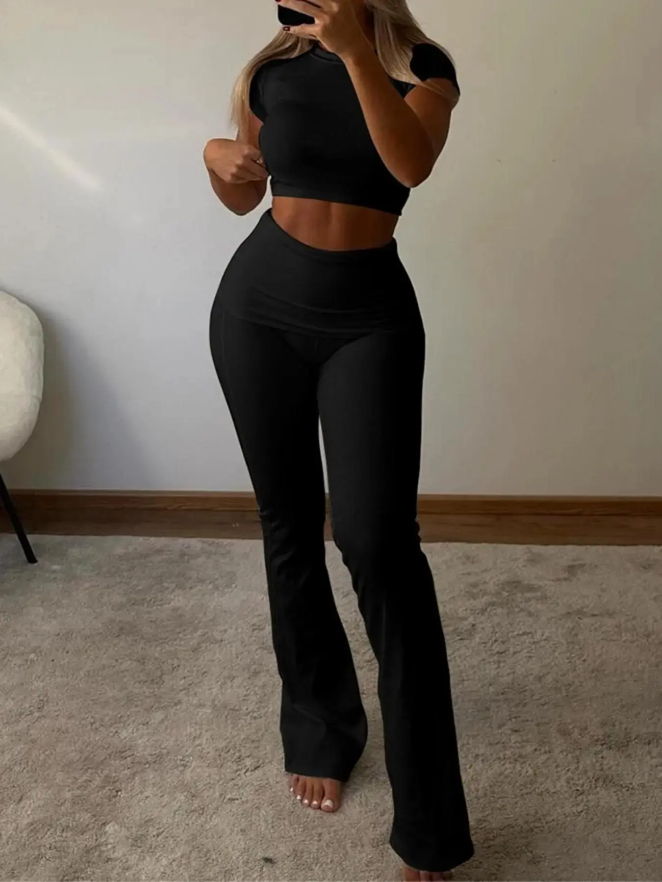 Two-Piece Set Women's Solid Ribbed Crop Tee & High Waist Flare Leg Pants Set, Casual Short Sleeve Round Neck T-shirt & Foldover Trousers for Daily Wear, Ladies Summer Clothes