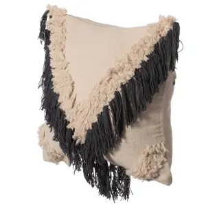 360 stand Square Size 100% Cotton Handwoven Artisan Throw Pillow Cover, 16in Bohemian Design with Embossed Cross Lines, Fringed Edges & Rustic Touch, Charcoal (DEERLUX QI004300.CH)
