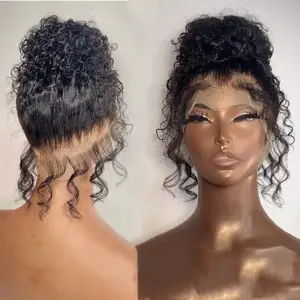 GK Hidden Strap 360 Full Lace Front Wigs Human Hair Invisible Strap Pre Plucked Bleached Konts Pre Cut Lace Curly Wave HD Lace Frontal Wig with Drawstring Natural Hairline 360 Glueless Wigs(28inch)