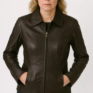 Women Genuine Soft Lamb Brown Leather Zipper Closure Jacket Handcrafted