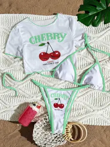 Women's Short Sleeve Bikini Cover-Up Set, Bikini Sets, Three-Piece Halter Neck Swimsuit Top, Printed Belted Design, Fashionable Beachwear