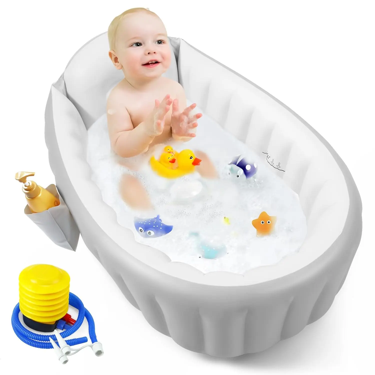Inflatable Baby Bathtub for Bathroom, with Air Pump, Non-Slip Soft Cushion, Backrest & Side Pocket, Collapsible Travel-Friendly for Infants & Toddlers (0-36 Months), Gray Blow Up Bath Tub, No, Toddlers' Size, Blow Up Tub, Unisex, 0 - 3 Years
