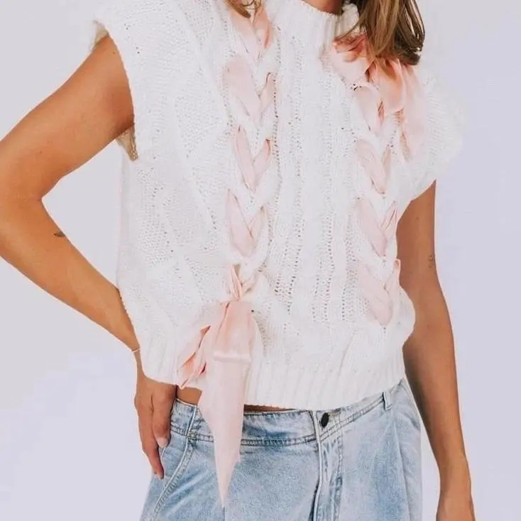 Elegant Knit Sweater Vest with Satin Bow Ribbon | Cute Aesthetic Sleeveless Top for Women | Trendy Soft Girl Outfit Size M