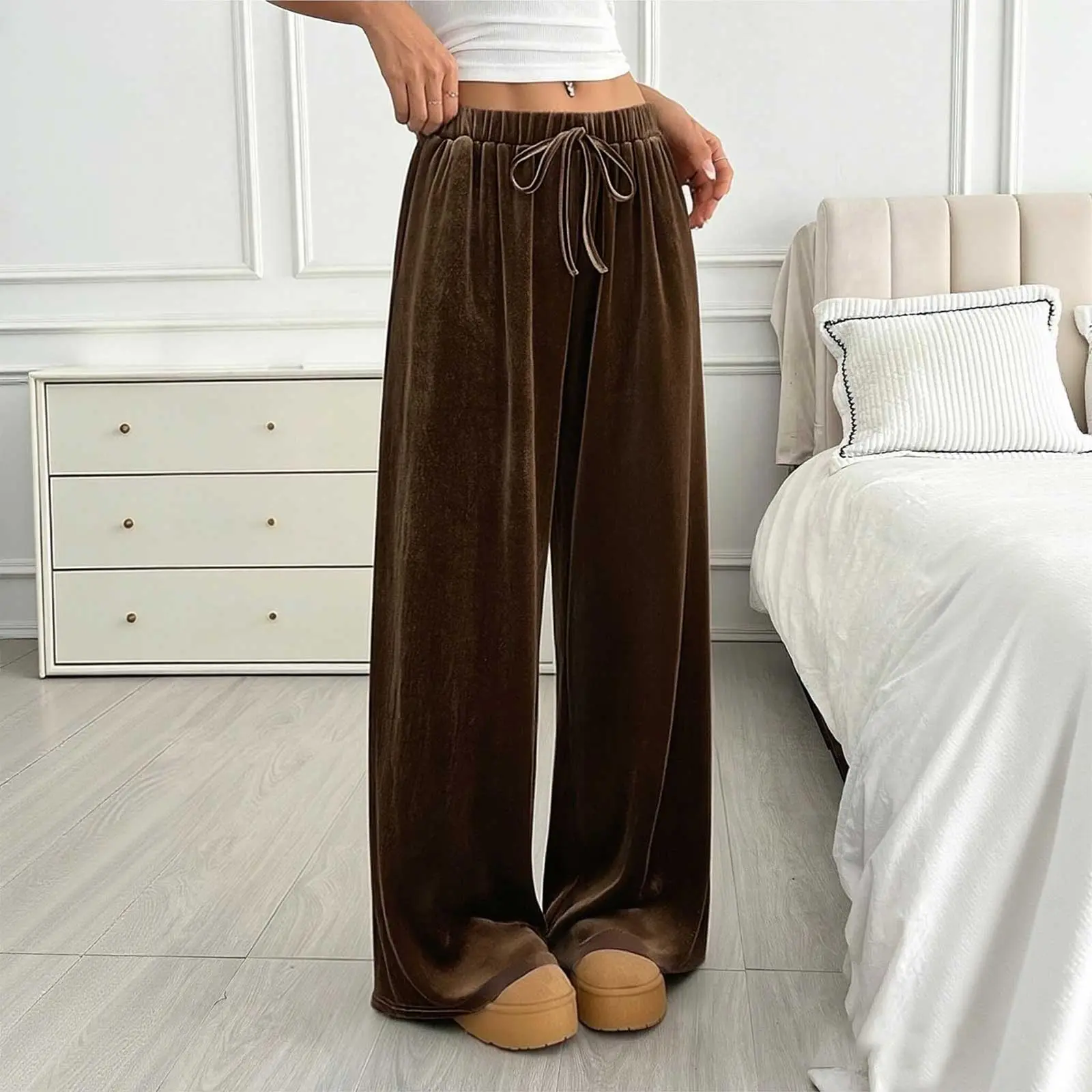 Women's Casual Velvet Wide Leg Pants High Waisted Elastic Drawstring Trousers with Pockets Relaxed Fit Lounge Pants for Home Travel Daily Wear