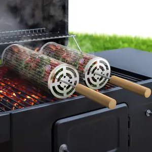 Sorbus Stainless Steel Rolling Barbecue Grilling Basket with Removable Wooden Handles 2 Piece for Outdoor Cooking BBQ Tool Set Dishwasher Safe Lightweight Portable Charcoal Smoker Utensils