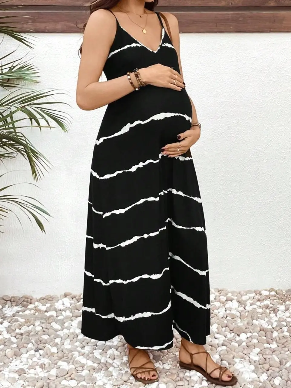 Maternity Striped Long Casual Sleeveless Dress, Bohemian Style Comfortable Pregnancy Outfit
