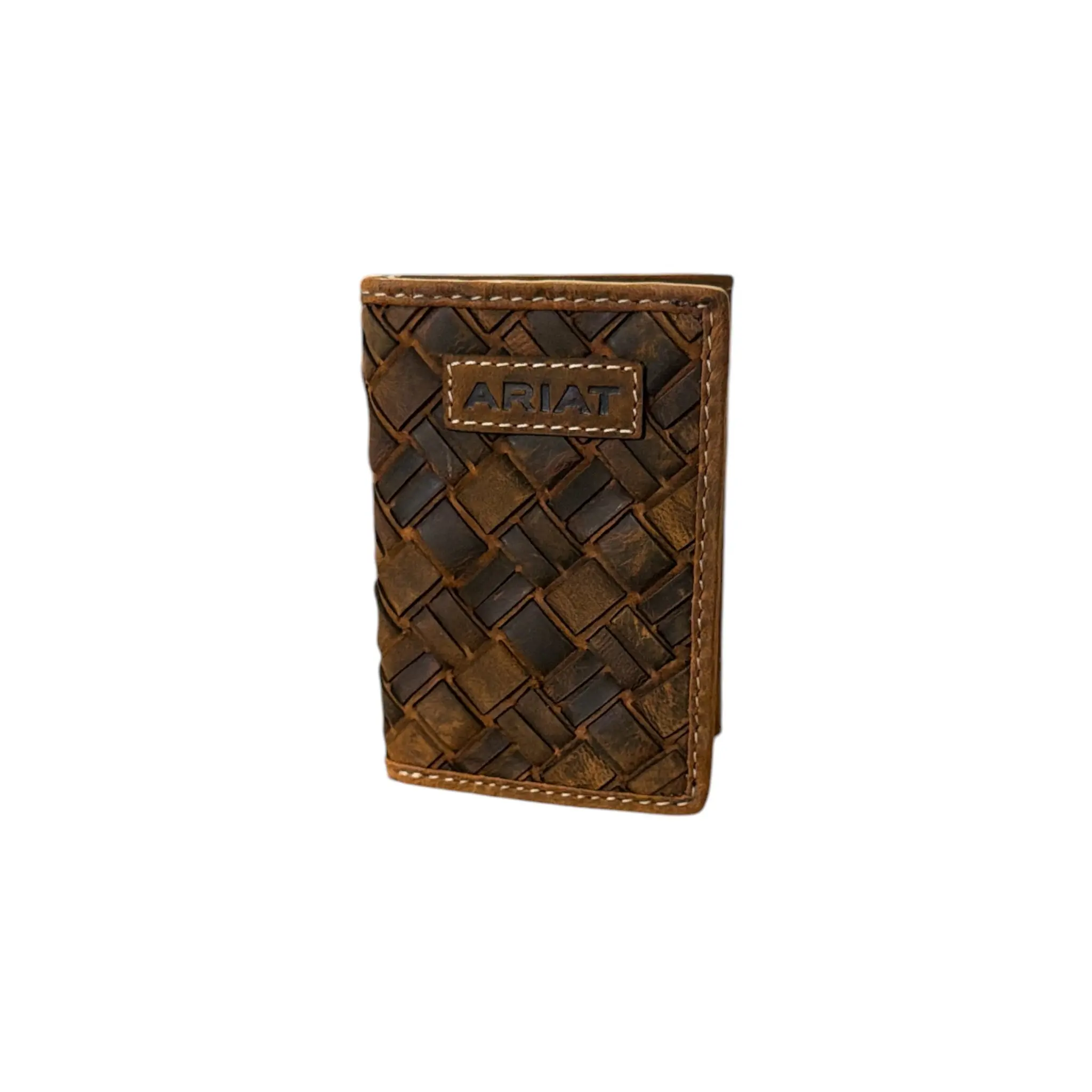 Ariat Men’s Genuine Embossed 2-Tone Basket Weave Textured Western Style Trifold Leather Wallet, Men's Accessory with Full Cash Slot