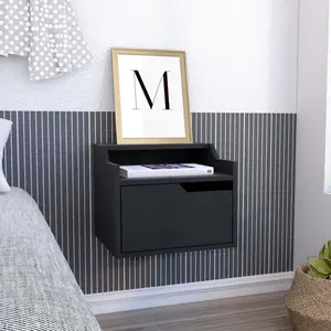 Busan Modern Floating Nightstand End Table Side Table Single-Drawer Design with Sleek Two-Tiered Top Shelf Surfaces- Black - Bedroom