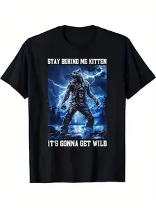 Stay Behind Me Kitten Crying Werewolf Meme Crying Alpha Wolf Vintage Graphic T-Shirt, Short Sleeve T-Shirts ,funny graphic tees, Menswear Top Fitted Oversized