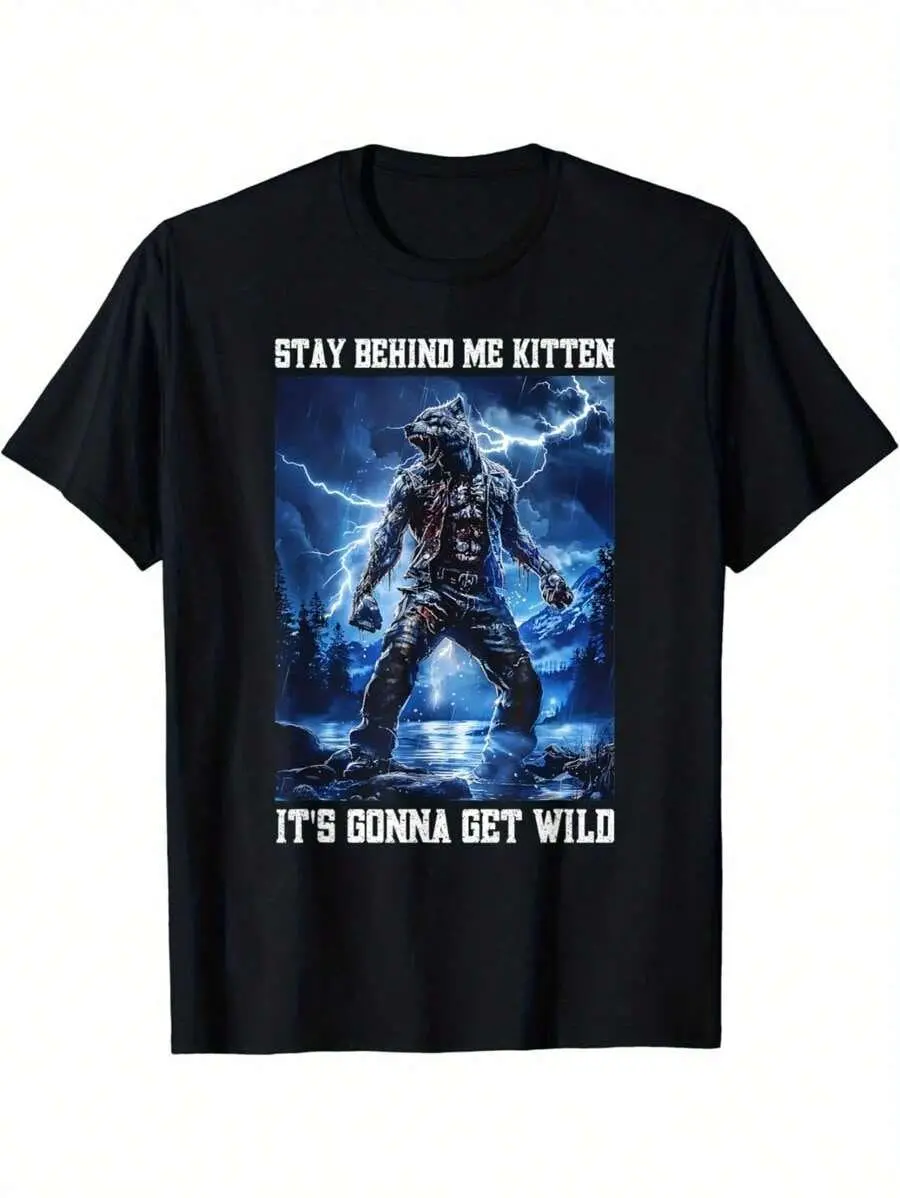 Stay Behind Me Kitten Crying Werewolf Meme Crying Alpha Wolf Vintage Graphic T-Shirt, Short Sleeve T-Shirts ,funny graphic tees, Menswear Top Fitted Oversized