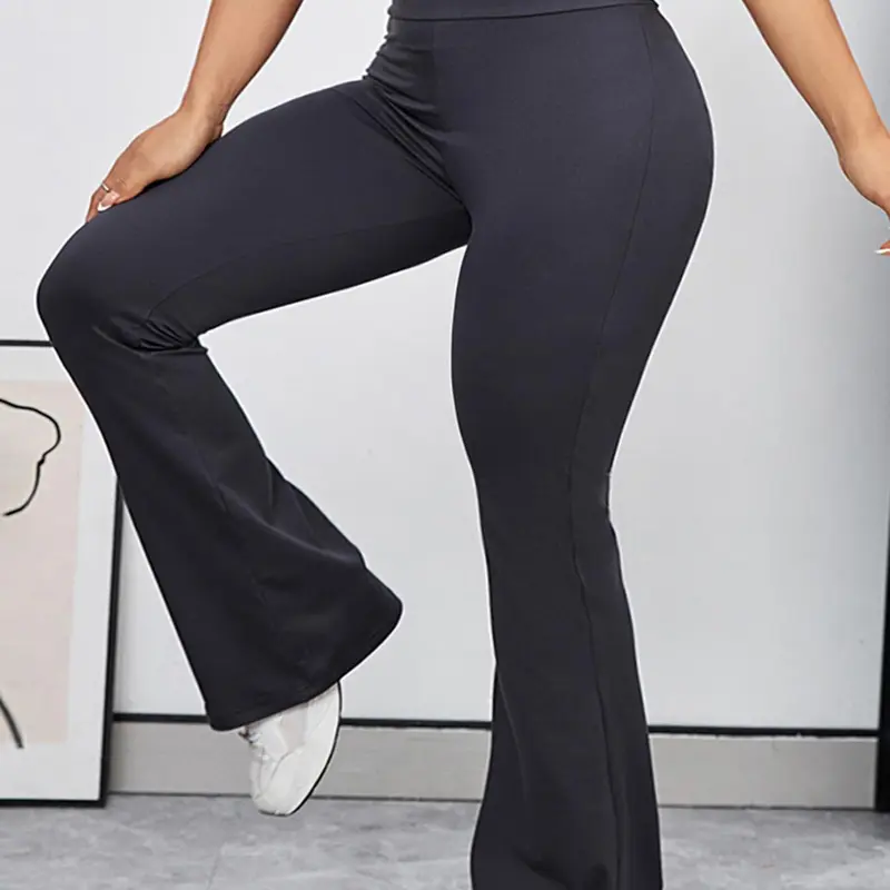 Plus Size Solid High Waist Flare Leg Sports Leggings, Breathable Wide Waistband Bell Bottom Pants for Yoga, Gym and Fitness, Women's Plus Sportswear, Gym Workout Sportswear, Workout Clothes Women