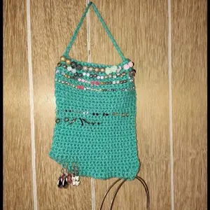 Handcrafted Jewelry Holder - Turquoise Crochet Organizer with Beaded Accents for Earrings and Necklaces