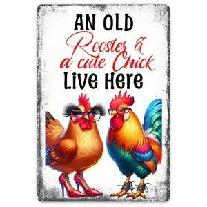 12"x8" Aluminum 'Old Rooster & Cute Chick' Sign – Vintage Farmhouse Wall Decor