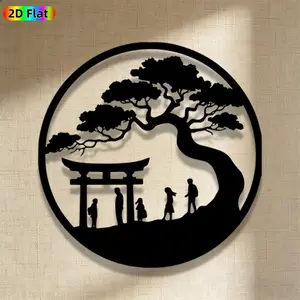 1pc Minimalist Bonsai Tree with Torii Gate and Family Metal Wall Art, Minimalist Bonsai Tree with Torii Gate and Family Statue Mural, Iron Craft, Perfect for Living Room, Garden, Indoor/Outdoor Decor, Christmas Decor, Ideal Gift for Nature Lovers