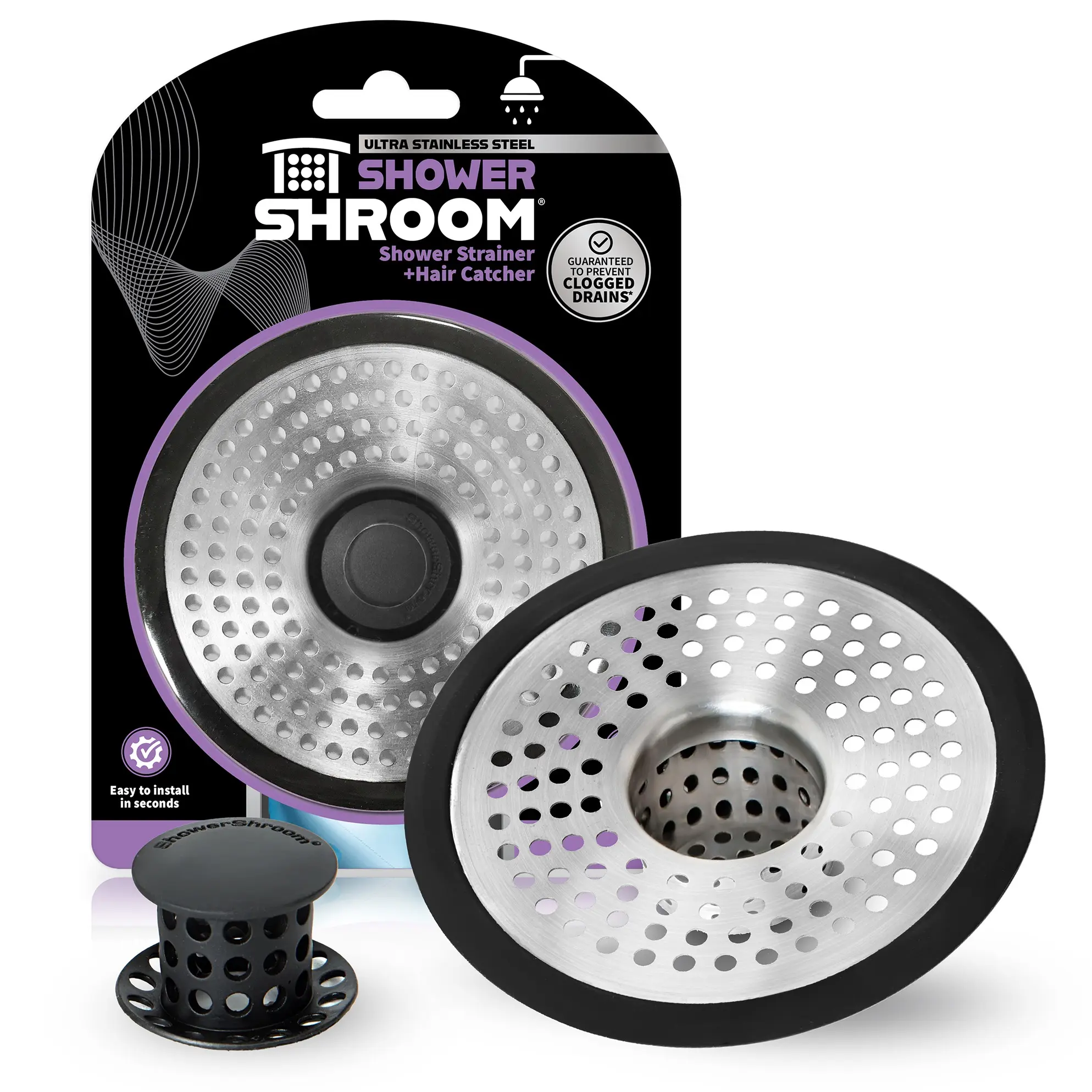 ShowerShroom Ultra Revolutionary Shower Hair Catcher Drain Protector Bathtub Stainless Steel Wipe Cover ShowerShroom Ultra Revolutionary Shower Hair Catcher Drain Protector Bathtub Stainless Steel Wipe Cover