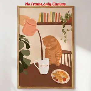 1 pc, wall art, animal poster, cat art print, coffee print, kitchen decor, funny cat poster, coffee lover poster, housewarming gift, coffee lover print, dining room decor, kitchen decor, unframed, Quirky, Artistic, Decoration