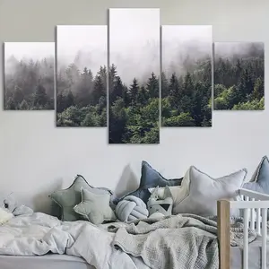 2D flat misty forest 5-panel canvas poster, modular decorative printed painting. Modern art ideal for bedroom, living room, kitchen, dorm wall decor. Perfect gift.