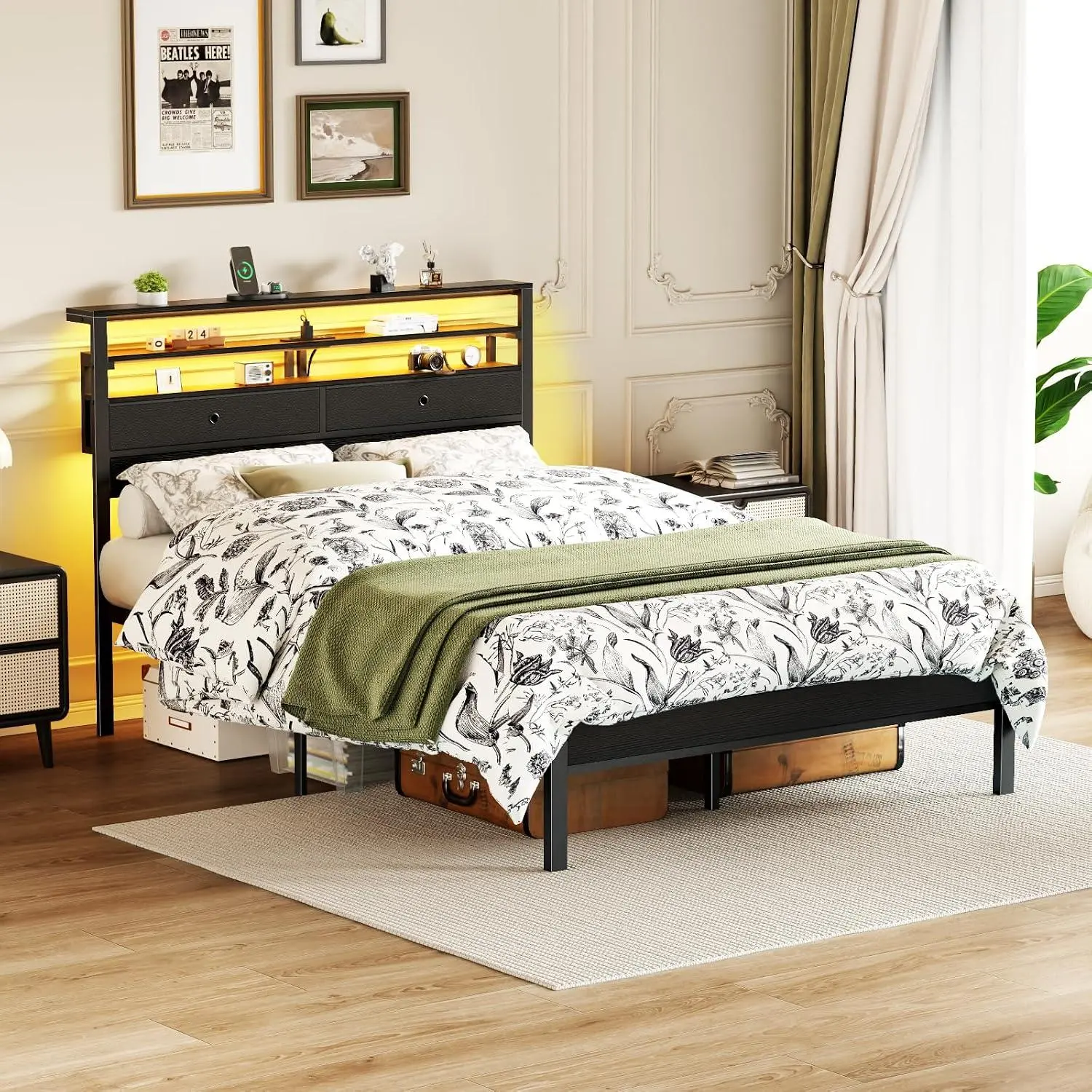 Smart RGB LED Bed Frame with Charging Station & Storage Headboard – Platform Bed with 2 Fabric Drawers, Wood Headboard, Metal Slats, No Box Spring Needed, Twin/Full/Queen/King