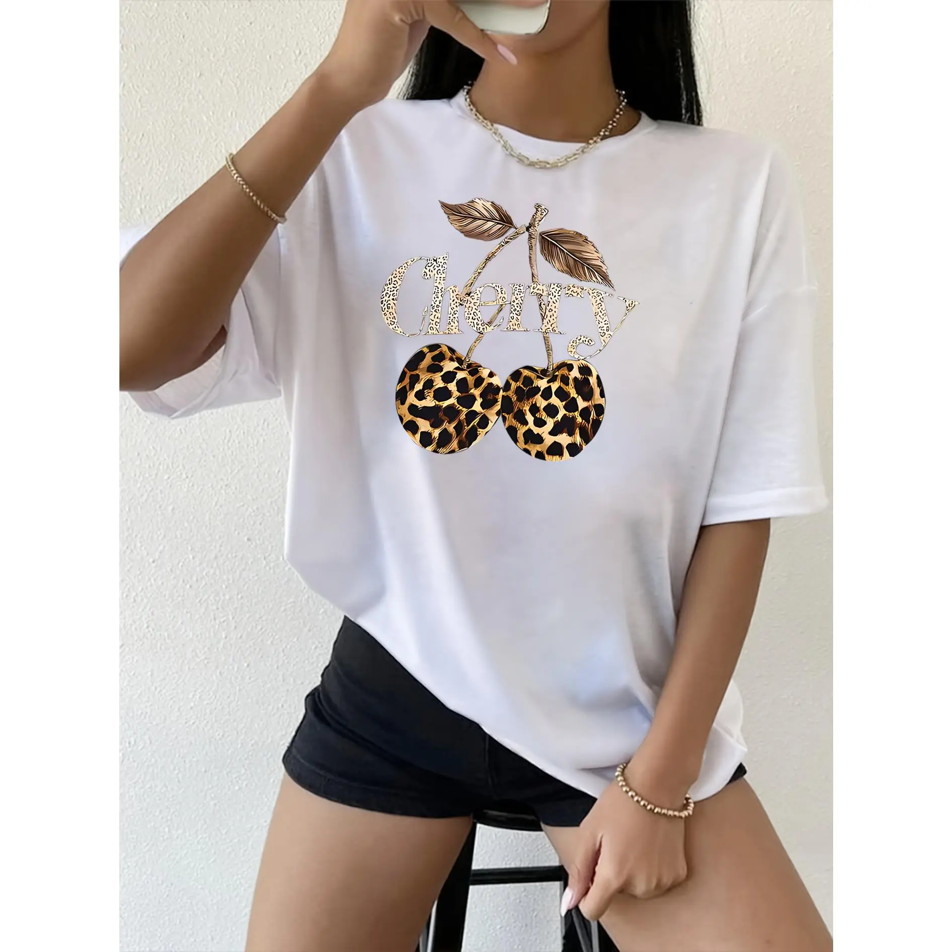 Women's Athletic Fitted Short-Sleeve Round Neck Sports Top - Balanced Drop Shoulder, Medium Length, Glitter Letters, Bold Leopard Print, Foldable Streetwear for Casual & Party Wear