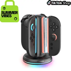 TRANSNOVO 4-in-1 Magnetic Fast Charging Station for New Switch 2 Controllers, 9 RGB LED Indicator, Compact & Safe, Included Type-C Cable, Console Accessories (Back to School)Summervibes