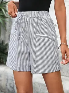 Summer New Blue Striped Drawstring Shorts Women, Loose High Waist Slimming Pocket Casual Straight Tube Pants