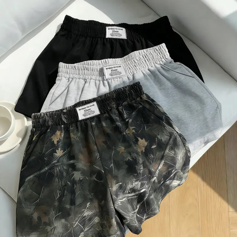 Women's Casual Loose Fit Lightweight Shorts, 3 Piece Set Elastic Waist Shorts, Camouflage Print and Solid Color, Summer Versatile Shorts, Full Print Shorts