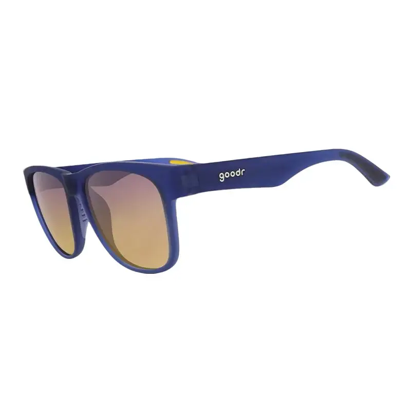 goodr Electric Beluga Boogaloo Large Size (BFG) Translucent Dark Blue Frame with Gray Yellow Ocean Lens, UV400, No Slip No Bounce No Tangle