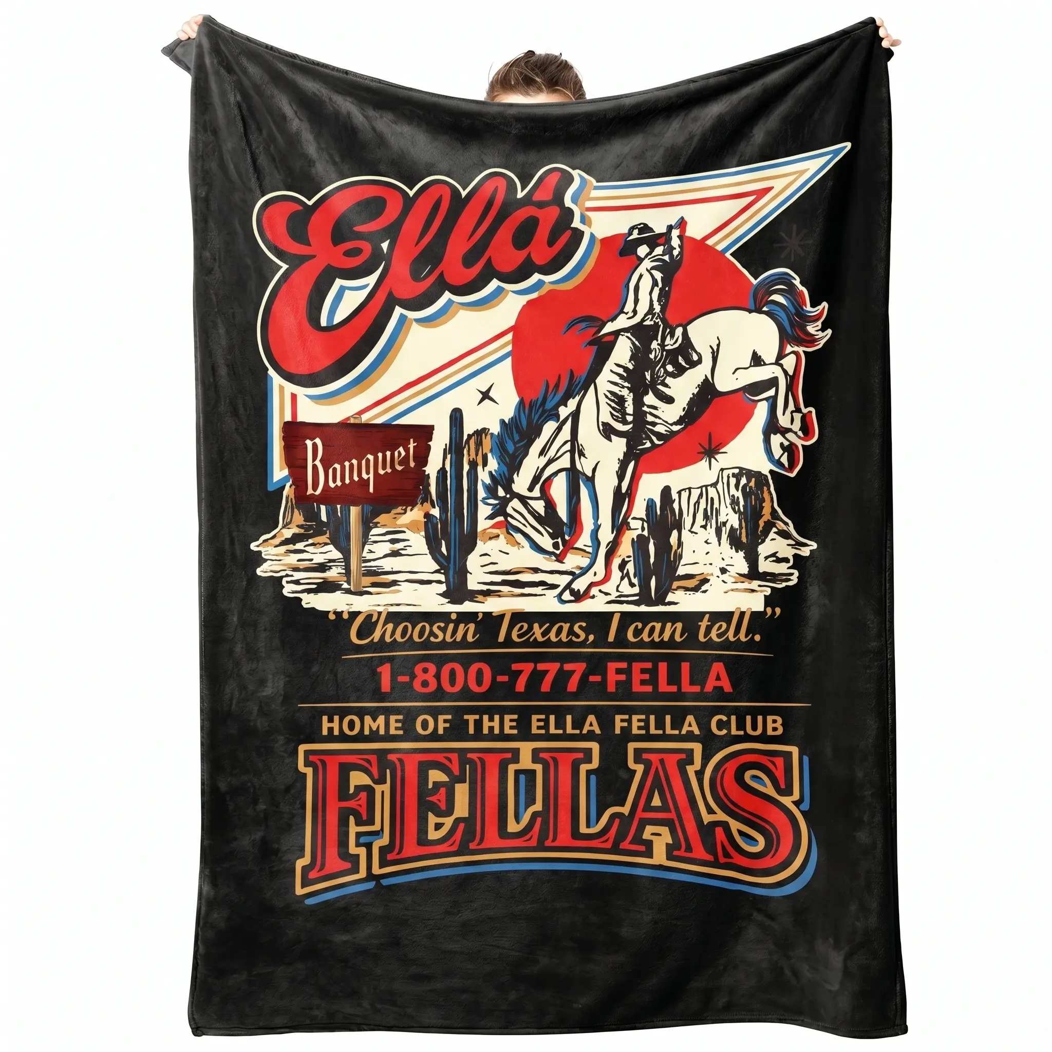 Retro Ella Fellas Western Flannel Throw Blanket - Vintage Cowboy & Texas Bronco Graphic Fleece in Black and Beige - Cozy Country Aesthetic Couch Bedding