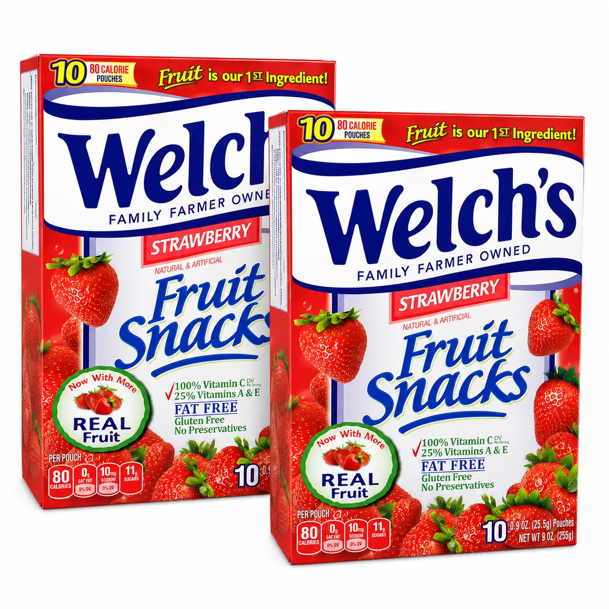 Welch's Chewy Gelatin Fruit Snacks - Strawberry Flavor with Real Fruit Puree, 10 Portion Control Pouches (2 Packs), Candies for Adults, Pantry-Staple On-The-Go Chews Snack