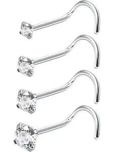 4Pcs Titanium Nose Rings 18G & 20G - L Shaped, Corkscrew - Clear CZ Nose Studs Rhinestone Nose Ring Hypoallergenic Nostril Piercing Jewelry for Women & Men - 1.5mm, 2mm, 2.5mm, 3mm