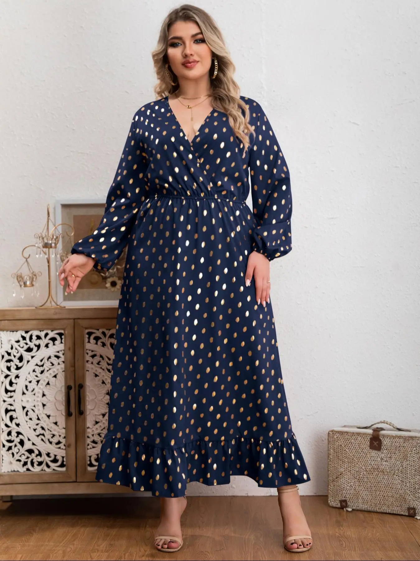 Plus Polka Dot Print Wrap V Neck A Line Dress, Women's Plus Size Long Sleeve Bishop Sleeve Dress for Spring & Fall, Women's Clothing for Daily Wear