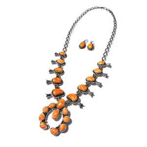 Navajo Orange Spiny Shell Squash Blossom Necklace Set – Sterling Silver