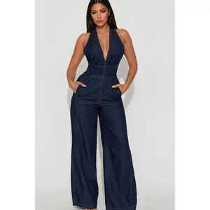 Enza Halter Denim Jumpsuit - Dark Wash A