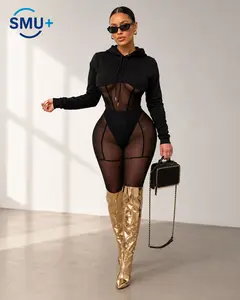 European And American Sexy Perspective Gauze Net Long Sleeve Two-Piece Nightclub Suit
