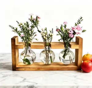 3 Bulbs Glass Propagation Station Retro Wood Stand Hydroponic Plant Terrarium Desktop Home Garden Decor Gift