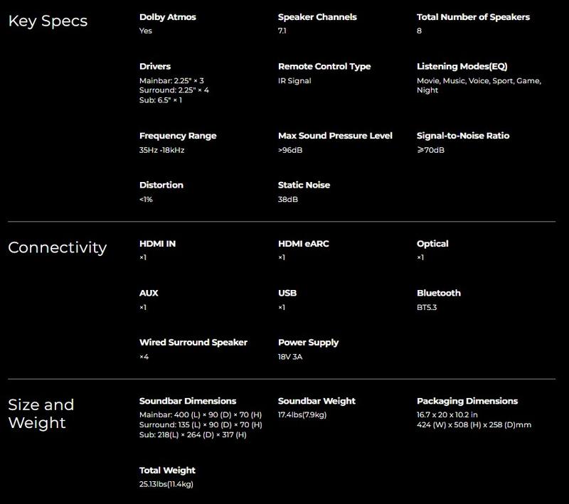 ULTIMEA Poseidon D80 BOOM Soundbar 7.1ch Dolby Atmos with Explosive Deep BASS, 4 Wired Surround Speakers, Subwoofer, HDMI eARC, Bluetooth & App Control – 2025 New Version Home Theater System for Powerful Sound Experience