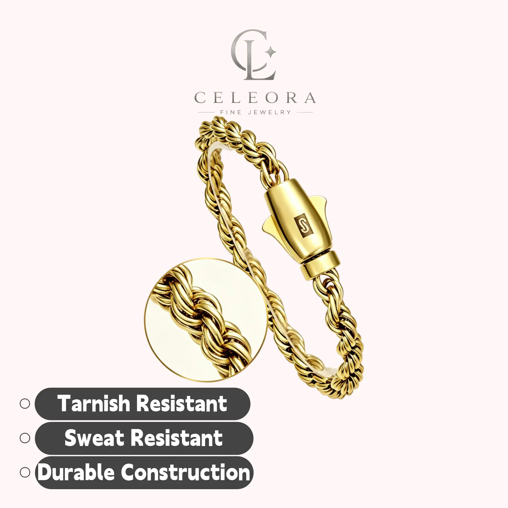 14K Real Gold Plated Rope Chain Bracelet for Men, 6mm 8 Inch Twisted Rope Bracelet, Tarnish Resistant Hypoallergenic Sweat Proof, Secure Clasp Everyday Hip Hop Jewelry Gift