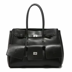 Neutral Androgynous Vintage Biker Tote Bag | Large Capacity Lock Closure, Patchwork Design | Versatile Top Handle & Shoulder Bag For Commute, Work & Everyday Fashion