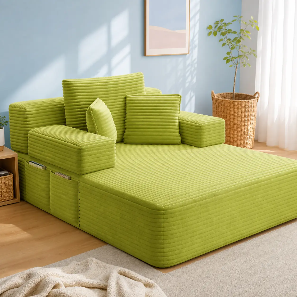 60.2-Inch Oversized Sleeper Chaise Sofa - Green Ribbed Corduroy, Boneless Modular Design, 3 Pillows, Side Pockets, Wide Armrests, Comfy Lounge and Guest Bed for Living Room, Home Theater, Apartment