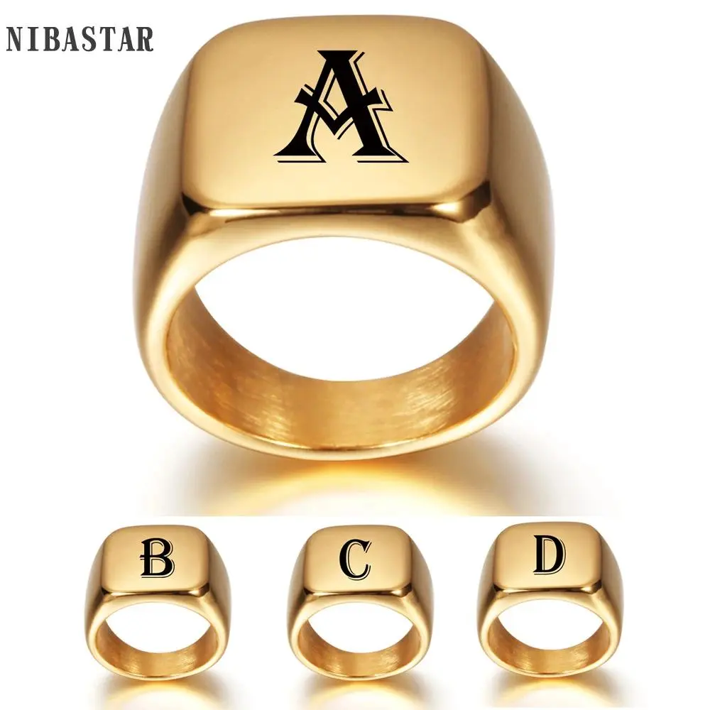 Personalised Initial-Engraved A-Z Stainless Steel Signet Ring, Gold-Plated Classic Metal Alloy Band, High-Polished U.S. Hand Size Costume Jewelry, Gold-Plated Band Rings, Hand Size Rings