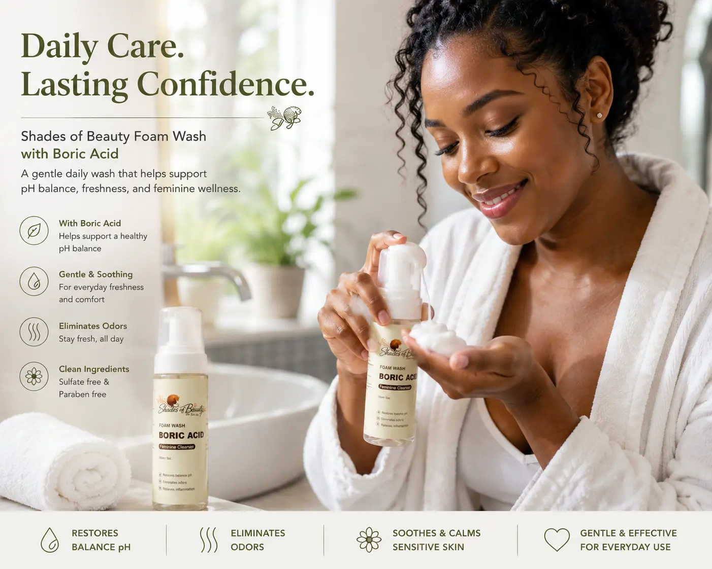 Boric Acid Feminine Intimate Cleanser with Oat Extract - Mild Antibacterial, Antifungal Formula for BV, Yeast Infections Relief