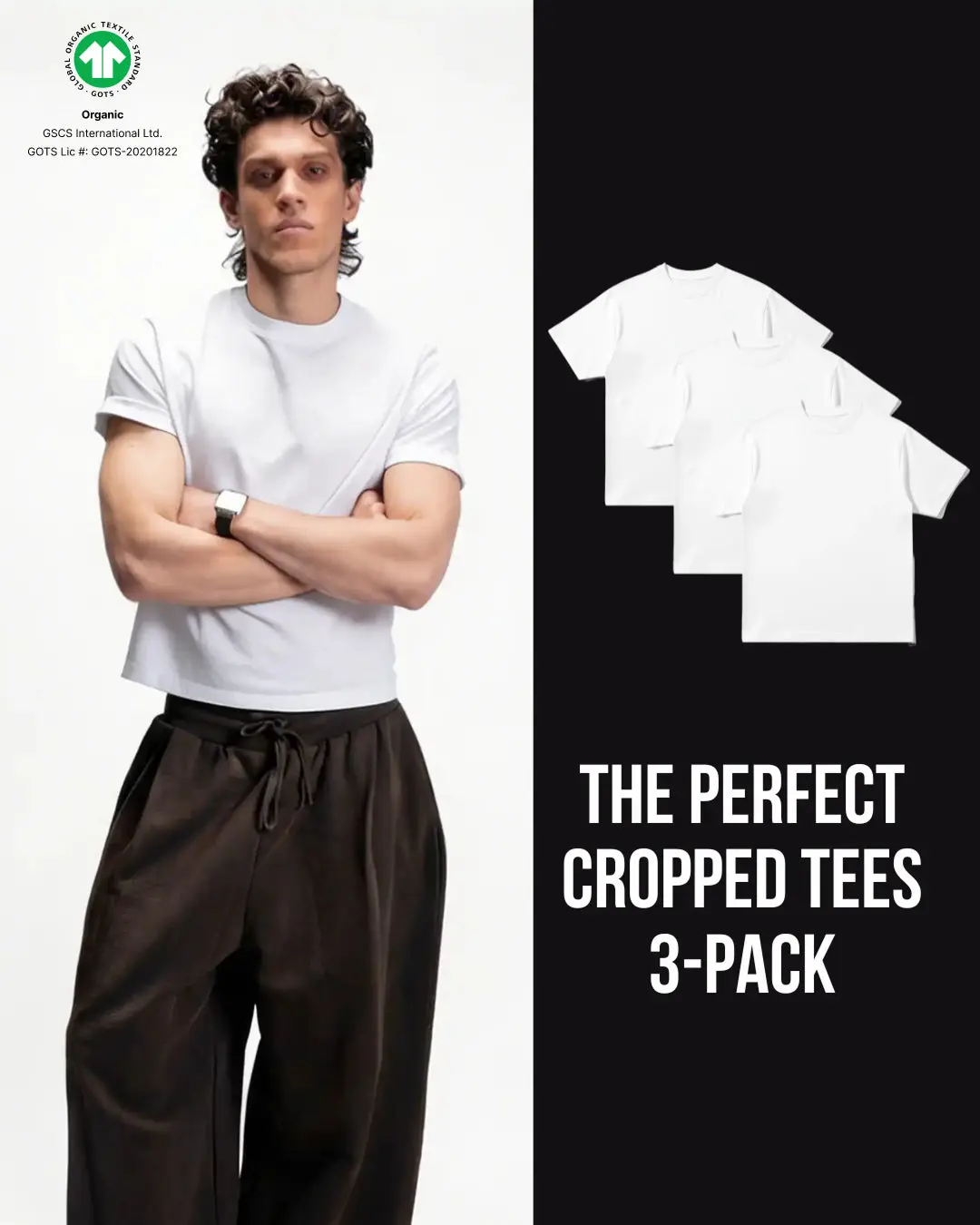 3-Pack Cropped Organic White Tees, 220GSM