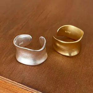 925 Sterling Silver Rings For Women Simple Finger Open Vintage Gold Wide Flat Ring Allergy For Party Birthday Gift