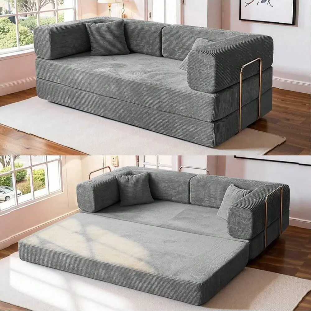 79in Foldable Upholstered 2-Seater Sofa Bed - Modern Minimalist Couch, Fixed-Shape Frame, Detachable Armrests, Knitted Modular Tweed Seating, Fully Assembled, Ideal for Apartment Size Small Spaces